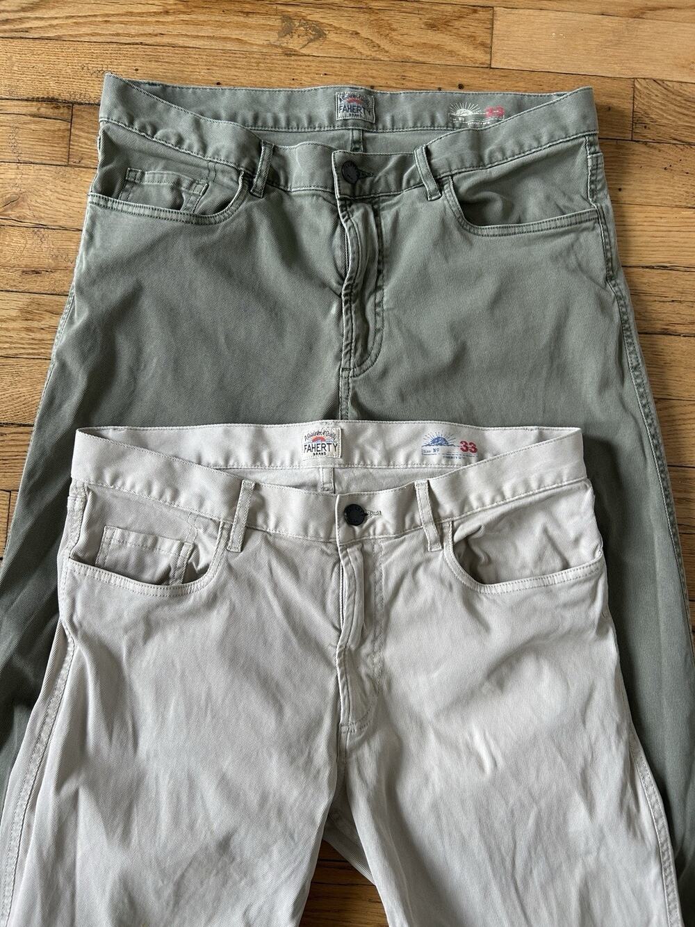 Men’s Faherty Slim Fit Chino Denim Pants Size 33x33 Green Tan Lot Of 2 Fair